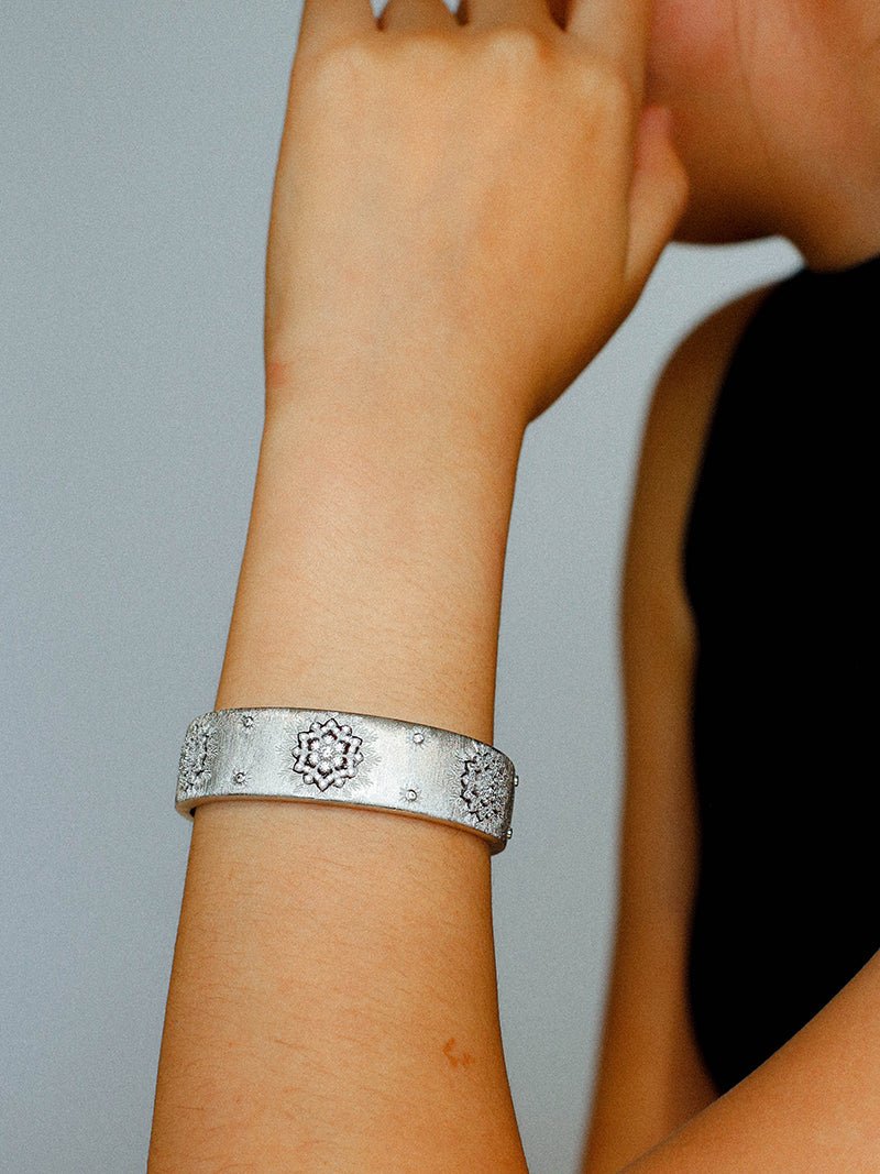 Snowflake - Embellished Wide Cuff Bracelet – Brushed Silver - floysun