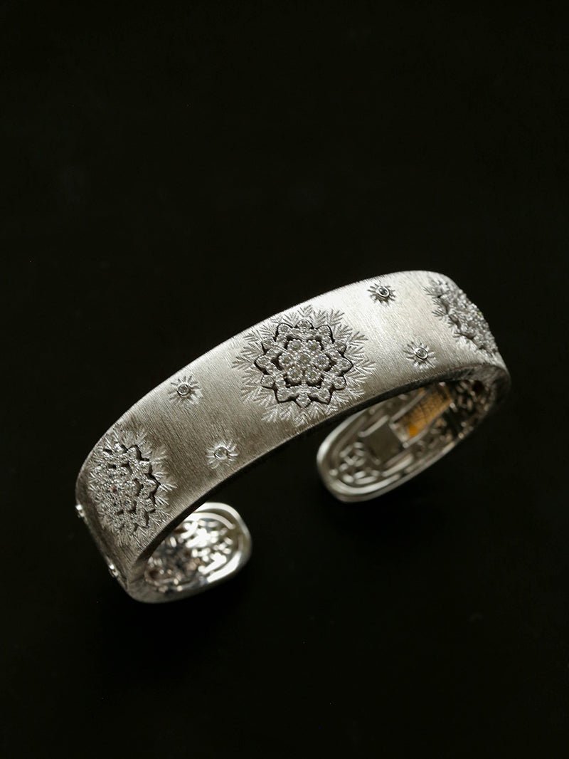 Snowflake - Embellished Wide Cuff Bracelet – Brushed Silver - floysun
