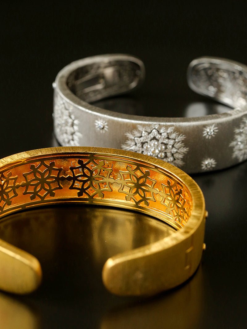 Snowflake - Embellished Wide Cuff Bracelet – Brushed Silver - floysun