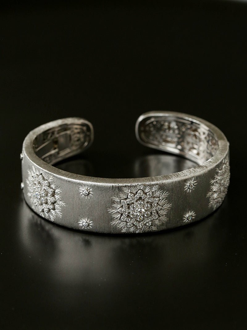 Snowflake - Embellished Wide Cuff Bracelet – Brushed Silver - floysun