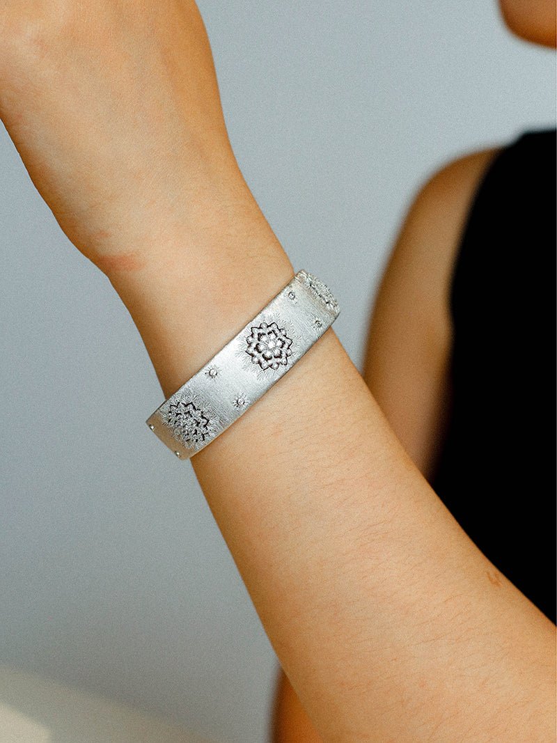 Snowflake - Embellished Wide Cuff Bracelet – Brushed Silver - floysun