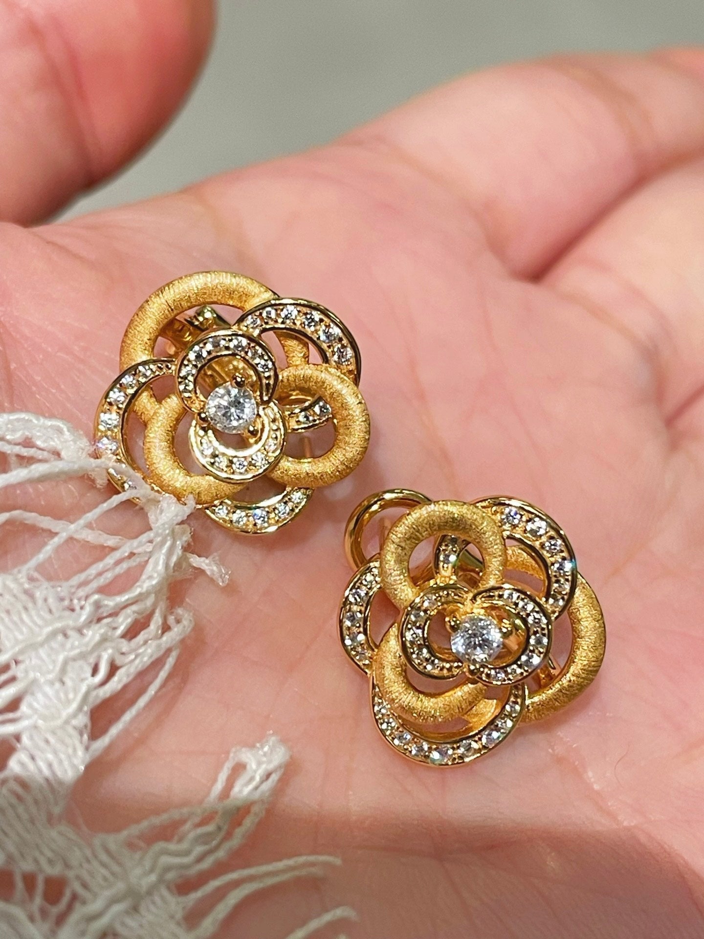 Sparkling Diamond Brushed Camellia Stud Earrings - floysun