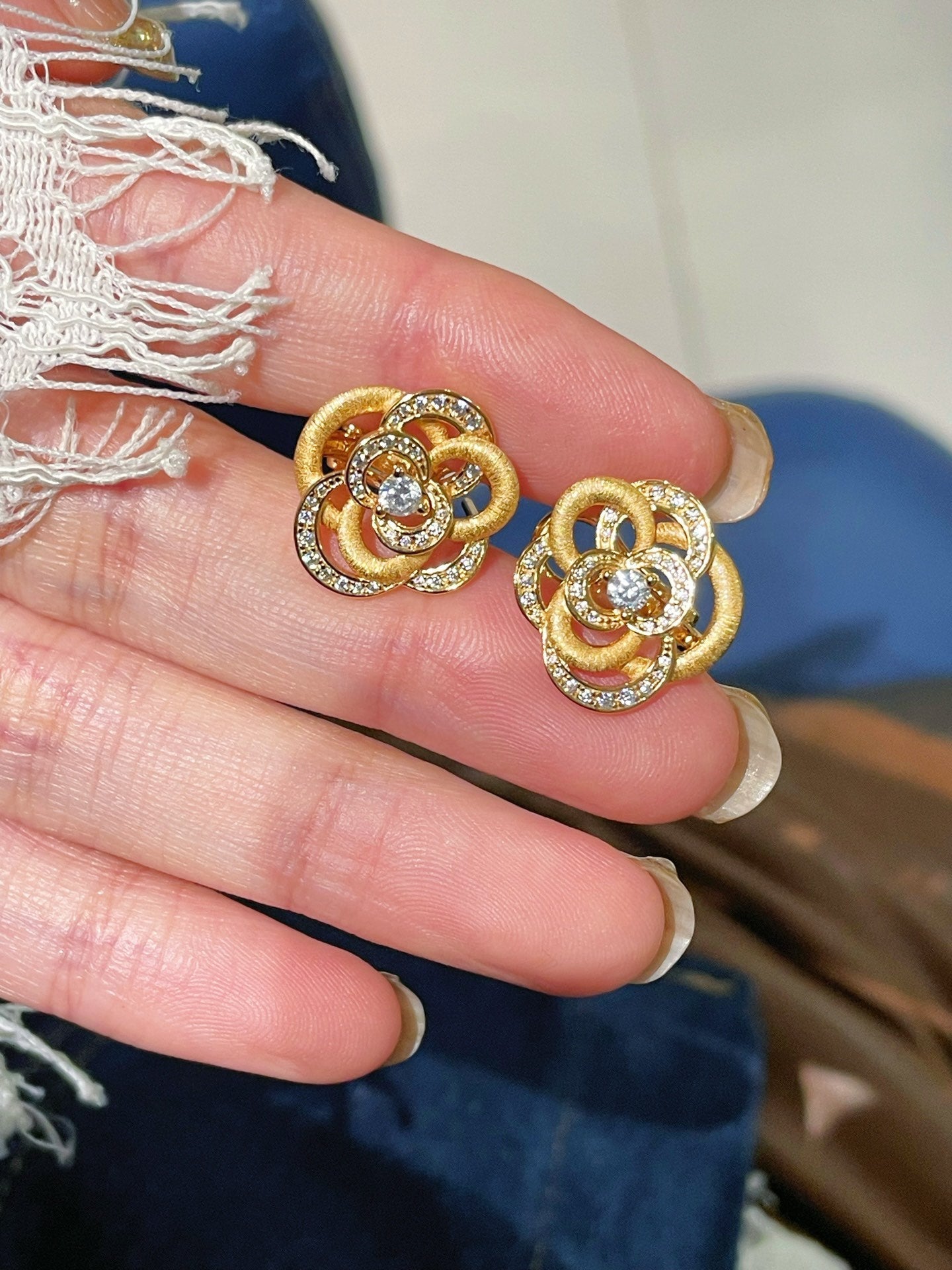 Sparkling Diamond Brushed Camellia Stud Earrings - floysun