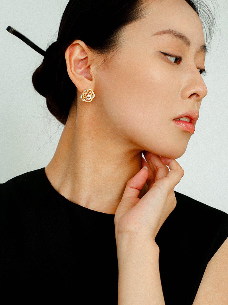 Sparkling Diamond Brushed Camellia Stud Earrings - floysun