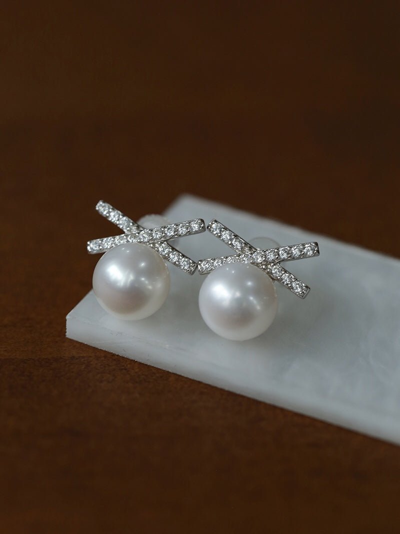 Sparkling X - Shaped Pearl Stud Earrings - floysun