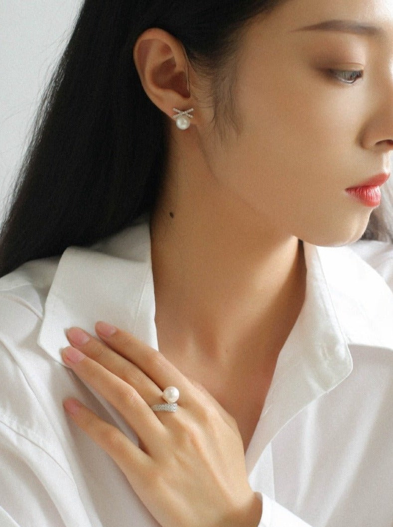 Sparkling X - Shaped Pearl Stud Earrings - floysun