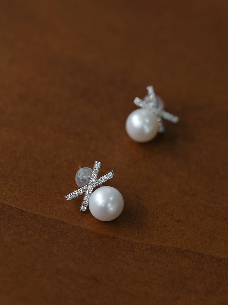 Sparkling X - Shaped Pearl Stud Earrings - floysun