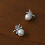 Sparkling X - Shaped Pearl Stud Earrings - floysun