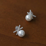 Sparkling X - Shaped Pearl Stud Earrings - floysun