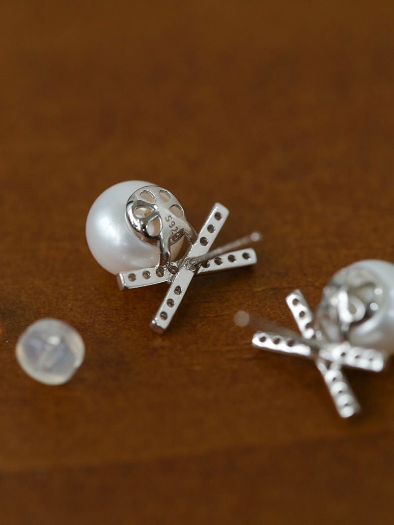 Sparkling X - Shaped Pearl Stud Earrings - floysun