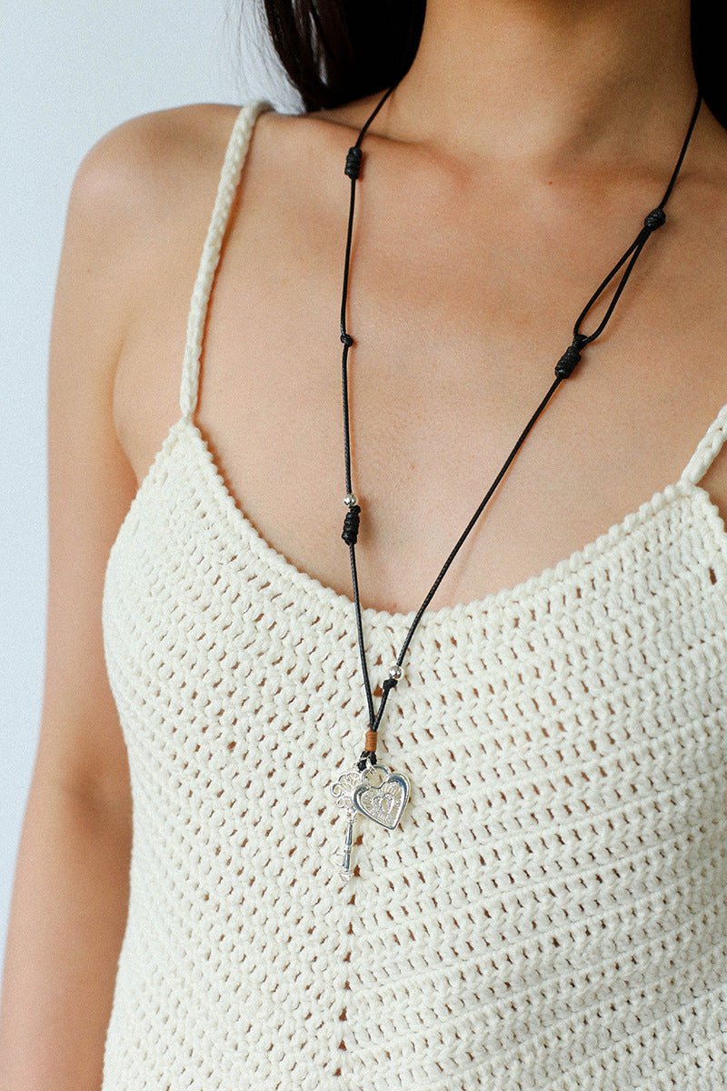 Spring Lace Key & Heart Lock Necklace With Zirconia Accents - floysun