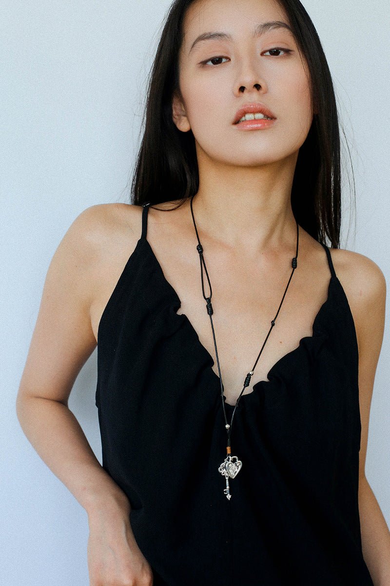 Spring Lace Key & Heart Lock Necklace With Zirconia Accents - floysun