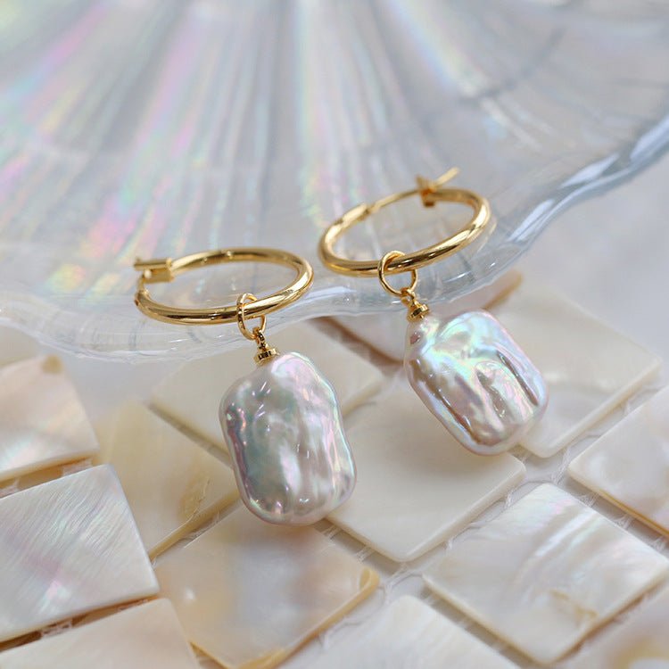 Square Baroque Pearl Drop Hoop Earrings - floysun