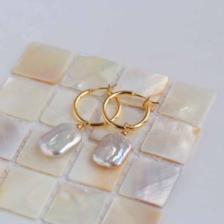 Square Baroque Pearl Drop Hoop Earrings - floysun
