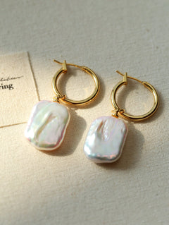 Square Baroque Pearl Drop Hoop Earrings - floysun