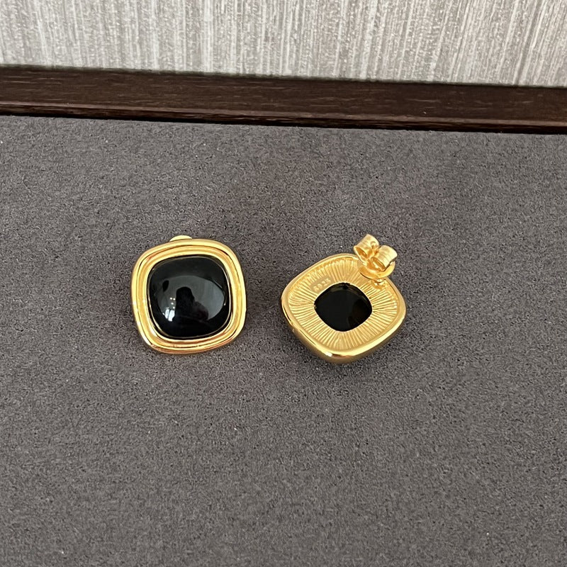 Square Gemstone Stud Earrings – Green Aventurine / Black Agate / White Chalcedony - floysun