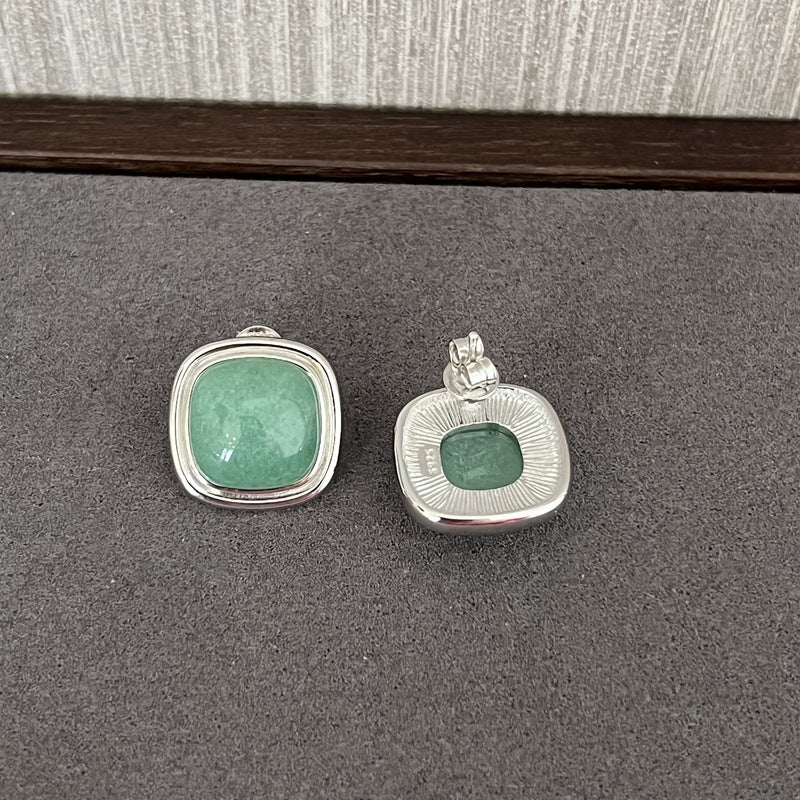 Square Gemstone Stud Earrings – Green Aventurine / Black Agate / White Chalcedony - floysun
