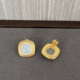 Square Gemstone Stud Earrings – Green Aventurine / Black Agate / White Chalcedony - floysun