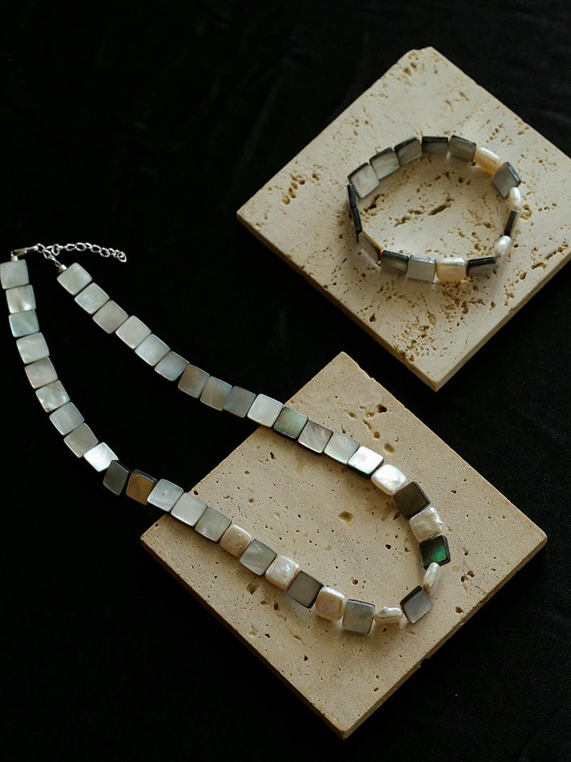 Square Grey Mother - of - pearl & Baroque Pearl Beaded Bracelet - floysun