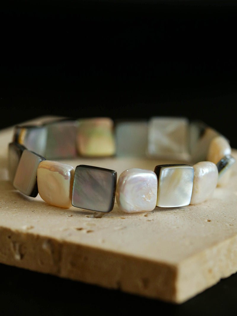 Square Grey Mother - of - pearl & Baroque Pearl Beaded Bracelet - floysun
