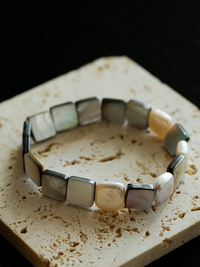 Square Grey Mother - of - pearl & Baroque Pearl Beaded Bracelet - floysun