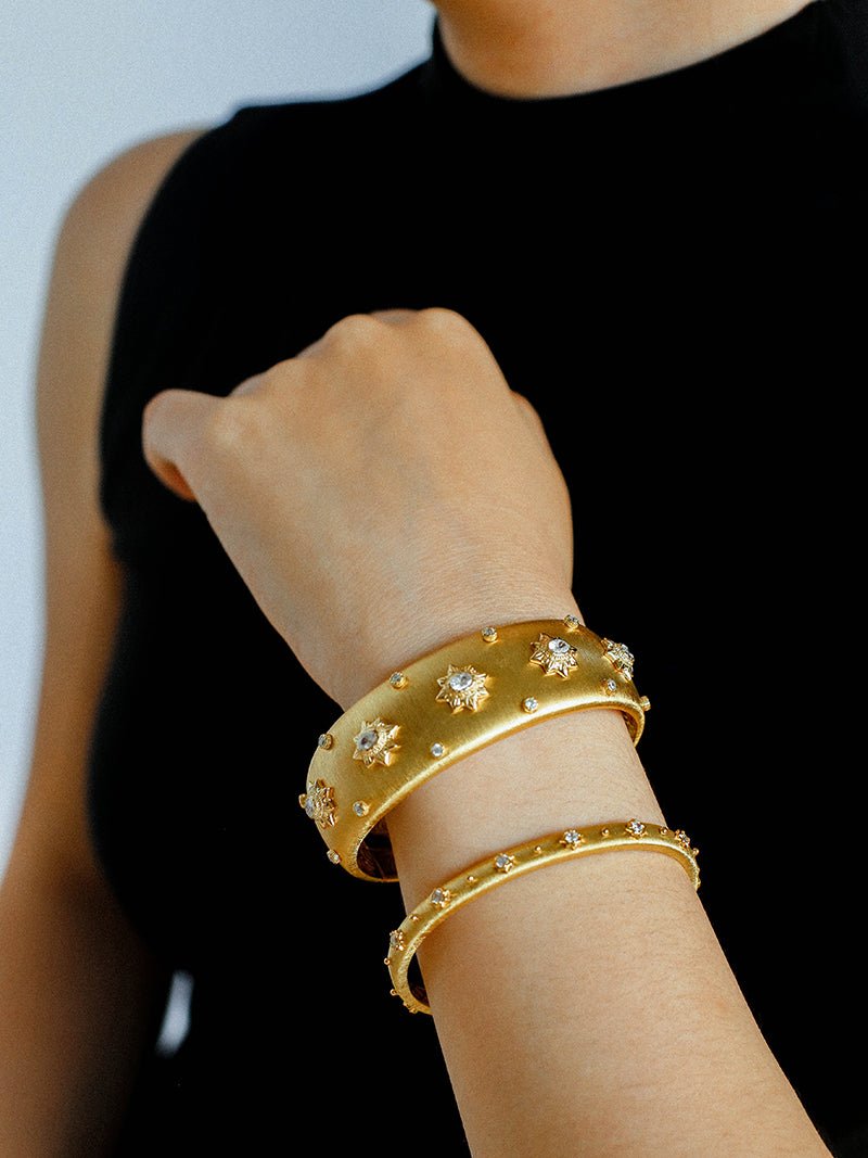 Star - Embellished Wide Cuff Bracelet – Brushed Gold with Gold Stars - floysun