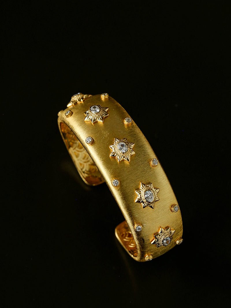 Star - Embellished Wide Cuff Bracelet – Brushed Gold with Gold Stars - floysun