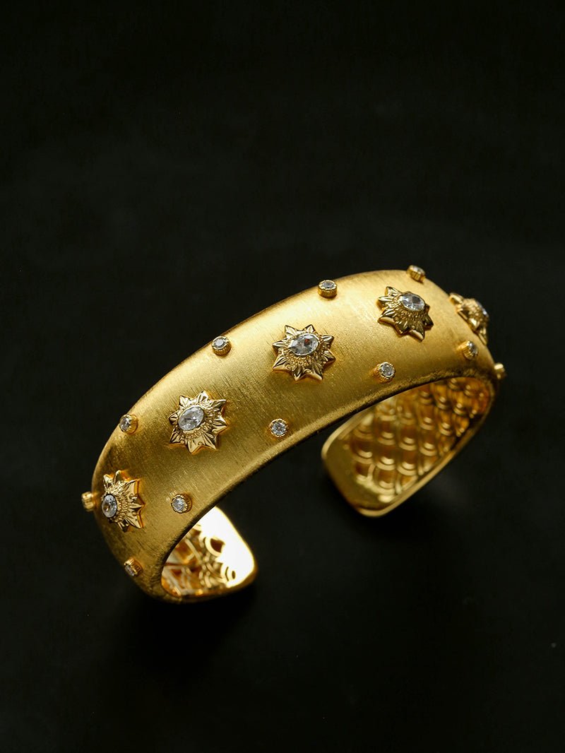 Star - Embellished Wide Cuff Bracelet – Brushed Gold with Gold Stars - floysun