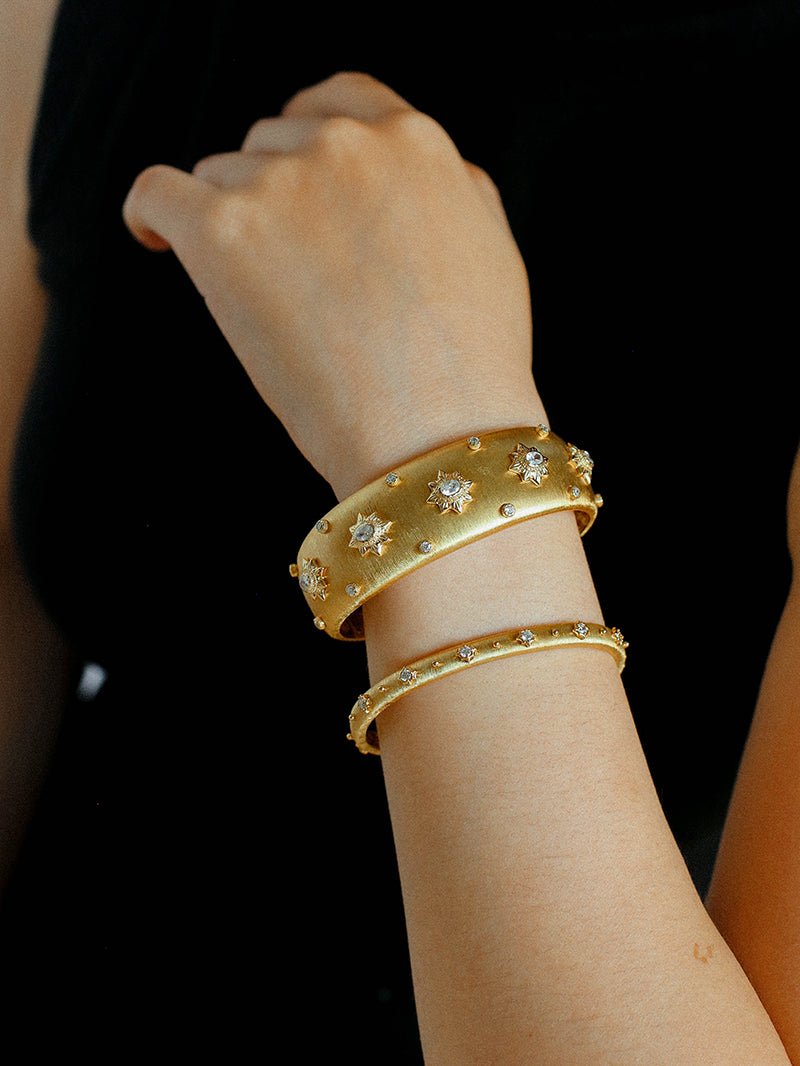 Star - Embellished Wide Cuff Bracelet – Brushed Gold with Gold Stars - floysun