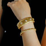 Star - Embellished Wide Cuff Bracelet – Brushed Gold with Gold Stars - floysun