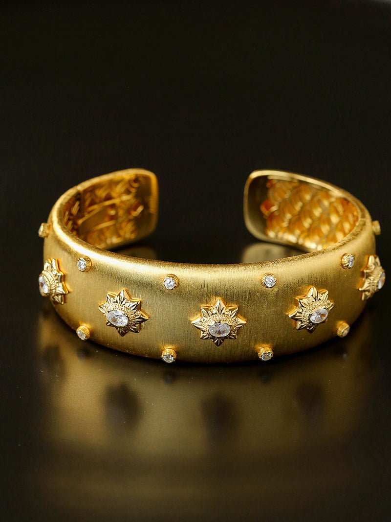 Star - Embellished Wide Cuff Bracelet – Brushed Gold with Gold Stars - floysun