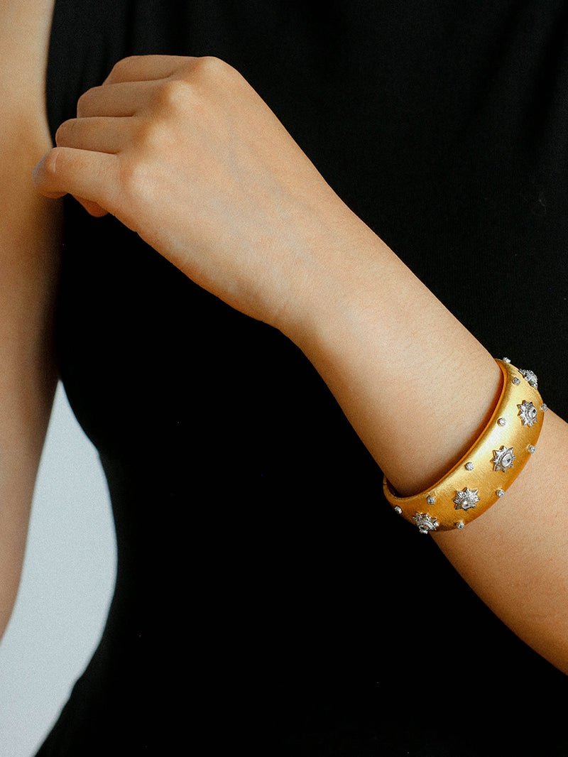 Star - Embellished Wide Cuff Bracelet – Brushed Gold with Silver Stars - floysun