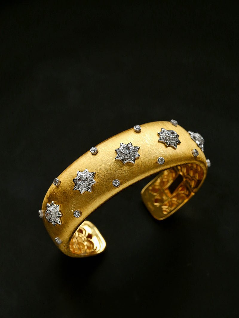Star - Embellished Wide Cuff Bracelet – Brushed Gold with Silver Stars - floysun
