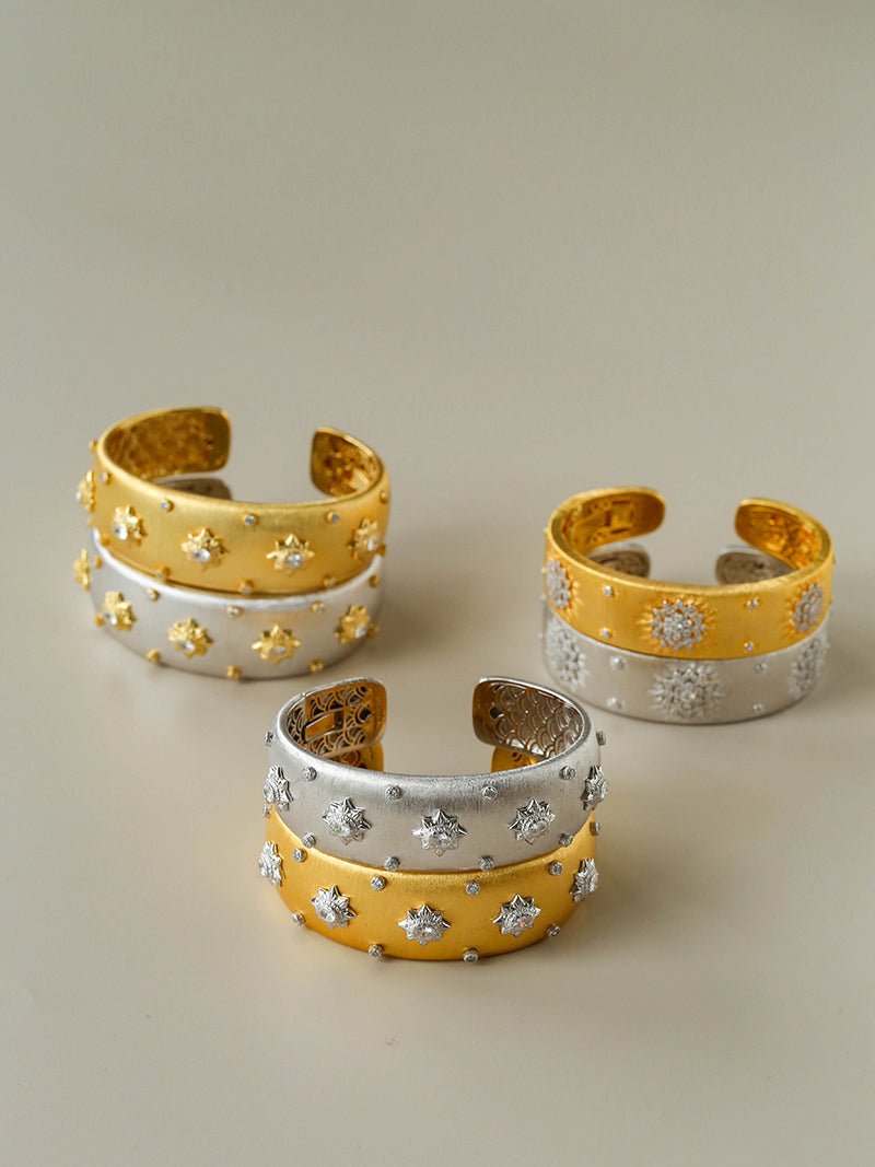 Star - Embellished Wide Cuff Bracelet – Brushed Gold with Silver Stars - floysun