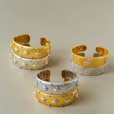 Star - Embellished Wide Cuff Bracelet – Brushed Gold with Silver Stars - floysun