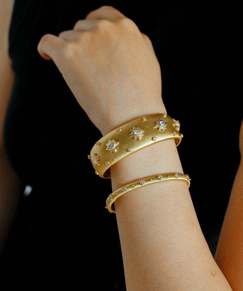 Star - Embellished Wide Cuff Bracelet – Brushed Gold with Silver Stars - floysun