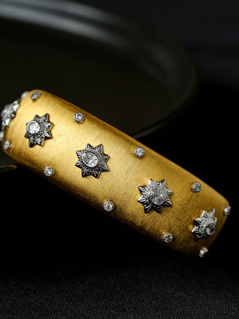 Star - Embellished Wide Cuff Bracelet – Brushed Gold with Silver Stars - floysun