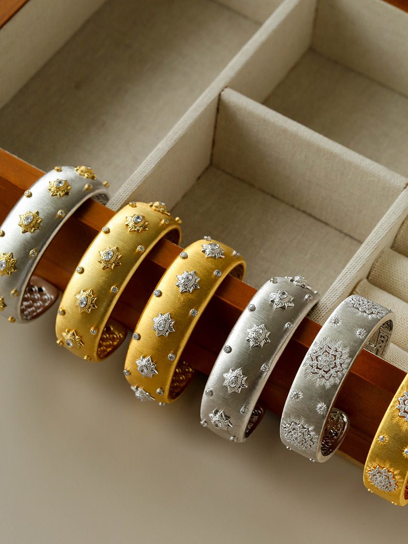 Star - Embellished Wide Cuff Bracelet – Brushed Gold with Silver Stars - floysun