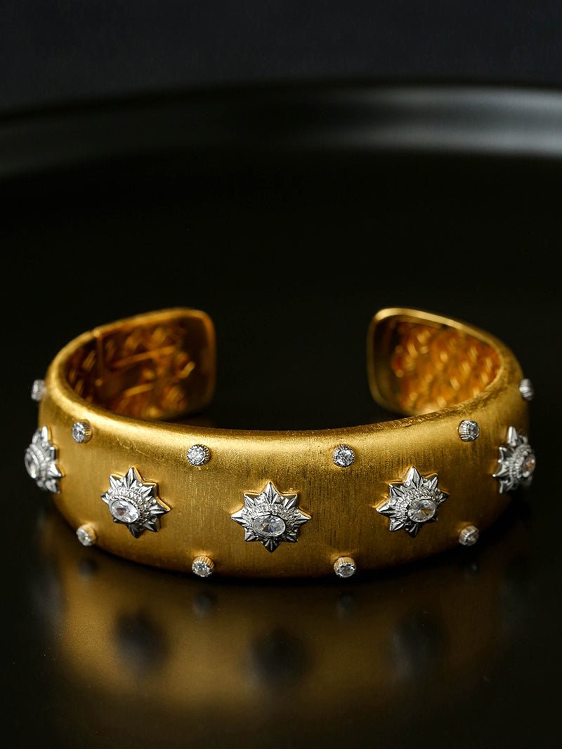 Star - Embellished Wide Cuff Bracelet – Brushed Gold with Silver Stars - floysun