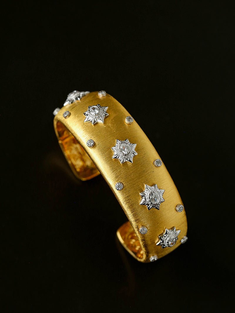 Star - Embellished Wide Cuff Bracelet – Brushed Gold with Silver Stars - floysun