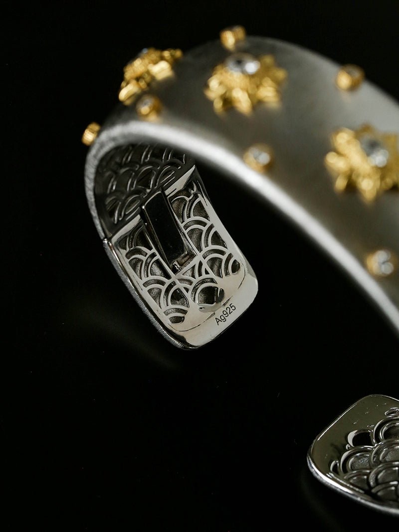 Star - Embellished Wide Cuff Bracelet – Brushed Silver with Gold Stars - floysun