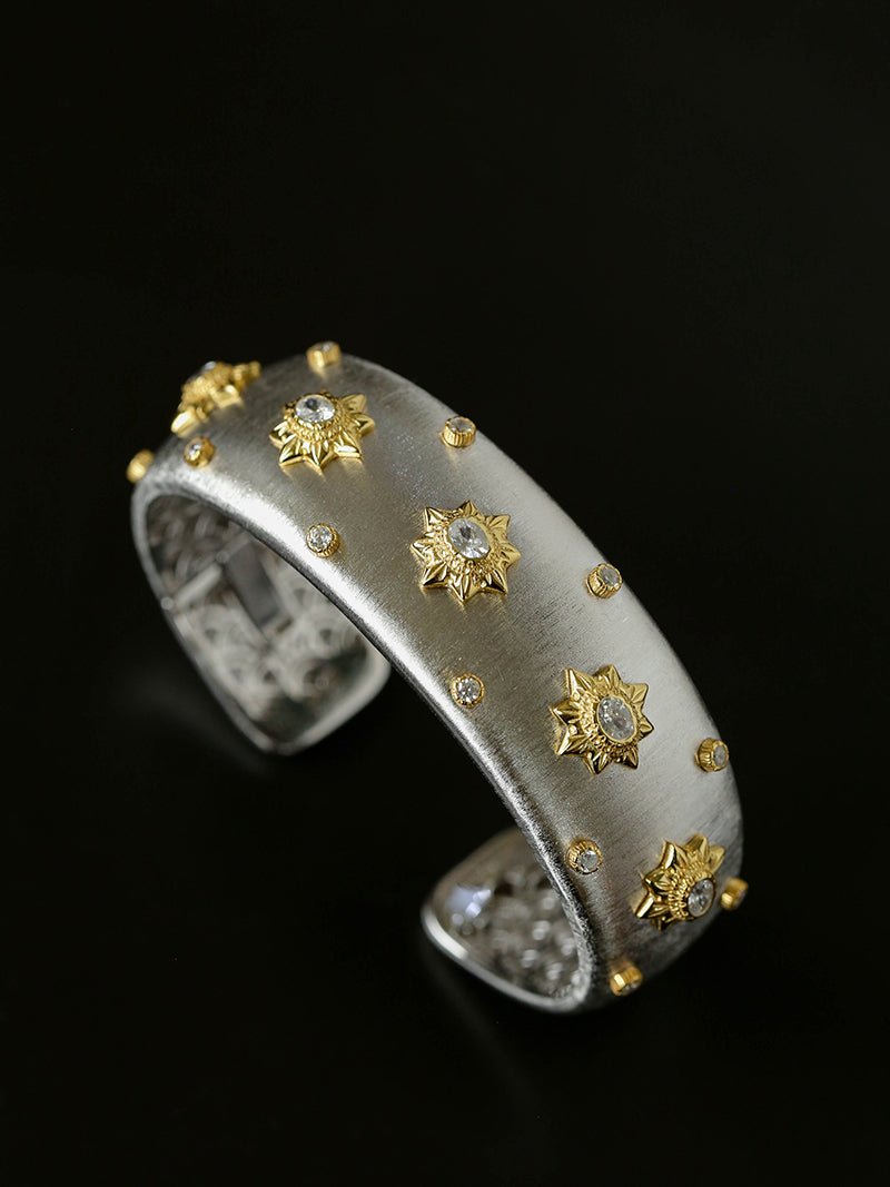 Star - Embellished Wide Cuff Bracelet – Brushed Silver with Gold Stars - floysun
