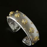 Star - Embellished Wide Cuff Bracelet – Brushed Silver with Gold Stars - floysun