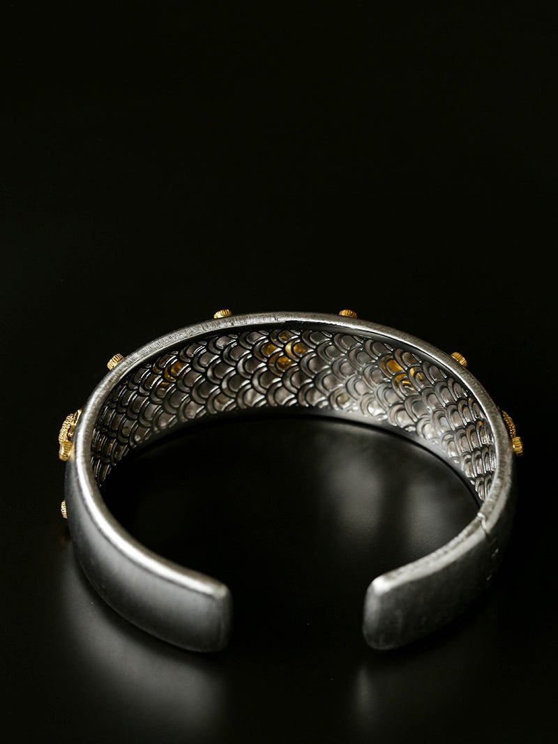 Star - Embellished Wide Cuff Bracelet – Brushed Silver with Gold Stars - floysun