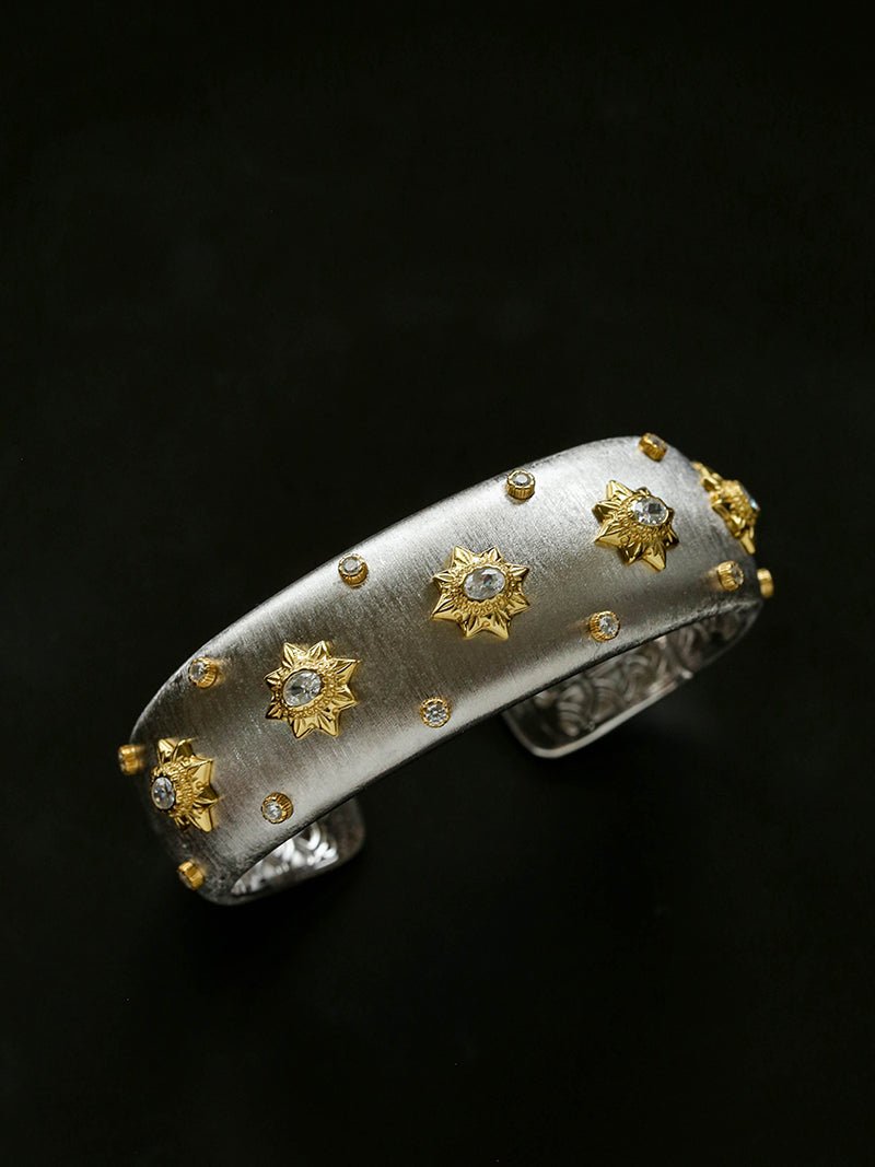 Star - Embellished Wide Cuff Bracelet – Brushed Silver with Gold Stars - floysun