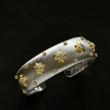 Star - Embellished Wide Cuff Bracelet – Brushed Silver with Gold Stars - floysun