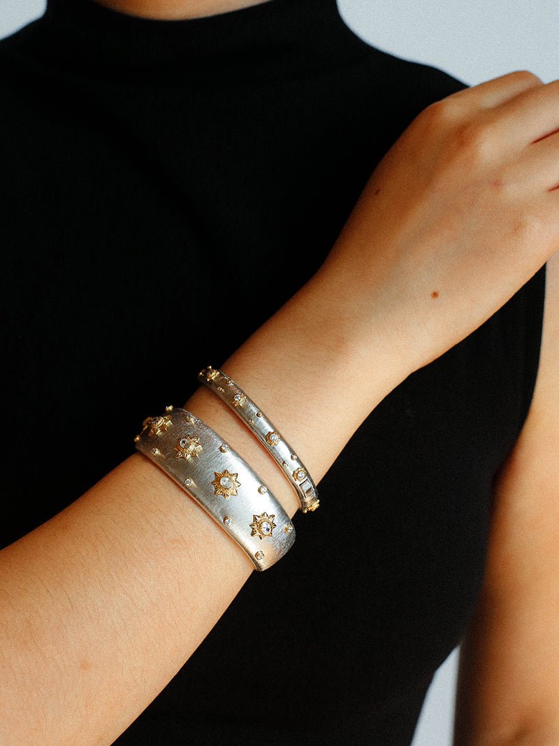Star - Embellished Wide Cuff Bracelet – Brushed Silver with Gold Stars - floysun