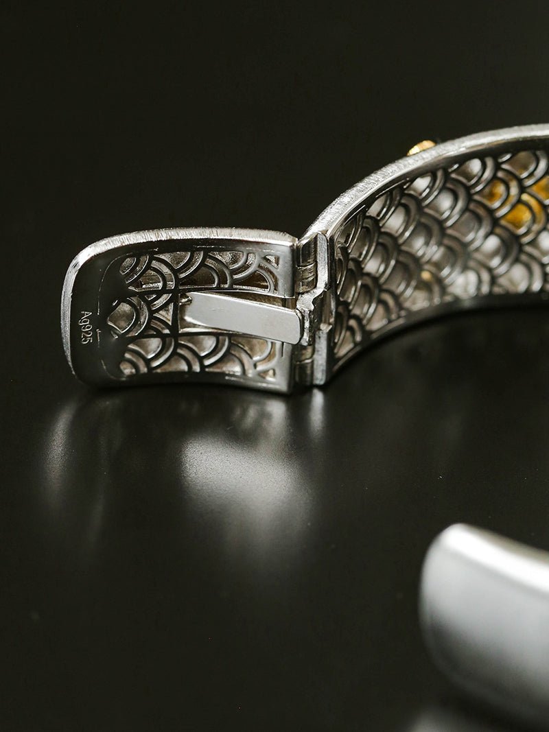 Star - Embellished Wide Cuff Bracelet – Brushed Silver with Gold Stars - floysun