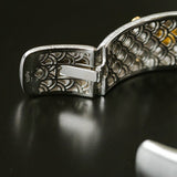 Star - Embellished Wide Cuff Bracelet – Brushed Silver with Gold Stars - floysun