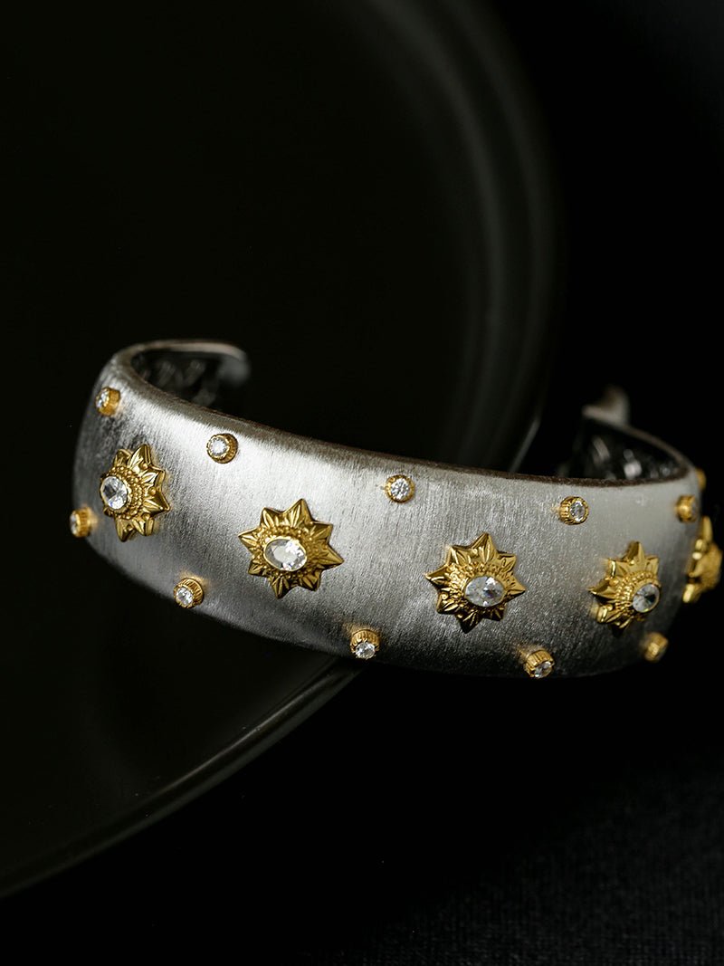 Star - Embellished Wide Cuff Bracelet – Brushed Silver with Gold Stars - floysun